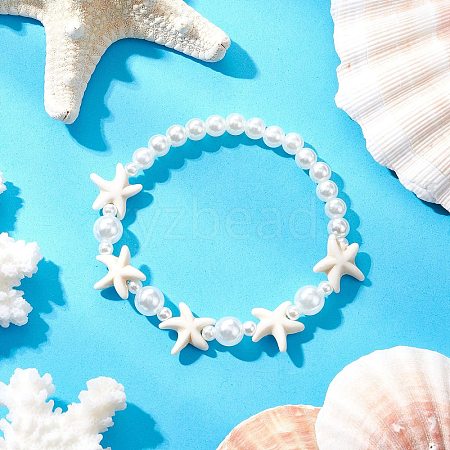 ABS Plastic Imitation Pearl Round Beads Stretch Bracelets BJEW-JB11869-01-1