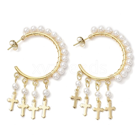 Cross Shell Pearl Dangle Stud Earrings EJEW-JE06185-01-1