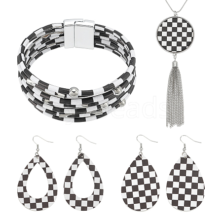 Tartan Teardrop PU Leather Pendant Necklaces & Bracelets & Dangle Earrings Sets SJEW-WH0007-07B-1