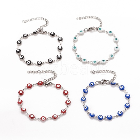 Enamel Oval with Evil Eye Link Chains Bracelet BJEW-P271-04P-1