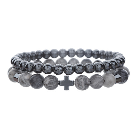 Round Natural Map Stone & Synthetic Non-magnetic Hematite Beaded Stretch Bracelet Sets WC8951-1-1