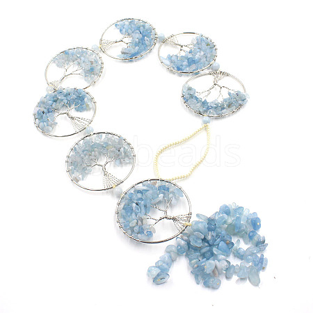 Wire Wrapped Natural Aquamarine Chip Tree of Life Pendant Decorations PW-WG70300-03-1