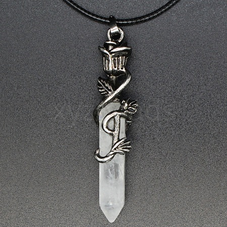 Metal Rose Flower Wrapped Pointed Natural Quartz Crystal Bullet Pendant Necklaces PW-WG450FA-02-1