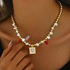 Elegant Brass & Imitation Pearl Heart Square Bib Necklaces for Women YJ5176-3