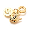 Brass Cubic Zirconia Flat Round & Swallow European Dangle Charms KK-U048-19G-2