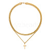 Stainless Steel Hollow Out Cross Pendant Double Layer Necklace with Cable Chains for Men Women PW-WG88E37-04-1