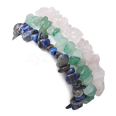 3Pcs 3 Styles Natural Green Aventurine & Rose Quartz & Lapis Lazuli Chips Stretch Bracelets Sets BJEW-JB11076-02-1