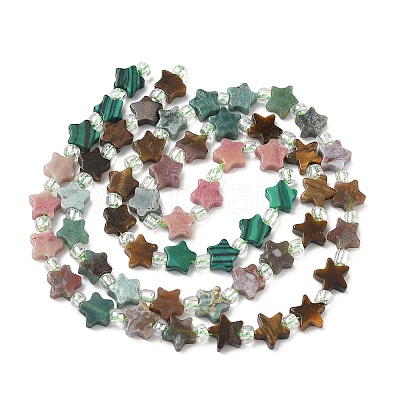 5 Styles Synthetic Malachite & Natural Rhodonite & HuBei Turquoise & Tiger Eye & Indian Agate Beads Strands G-D095-A07-1