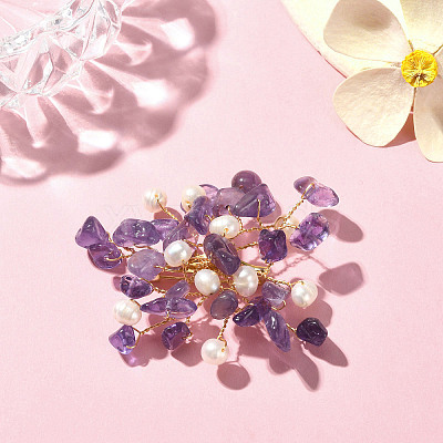 Natural Amethyst Chips & Pearl Beaded Flower Brooch Pin JEWB-BR00098-01-1
