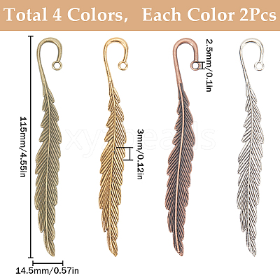 8Pcs 4 Style Feather Shape Tibetan Style Alloy Bookmarks Making AJEW-SC0002-56-1