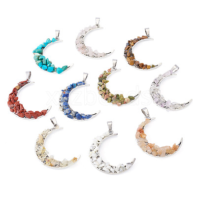 10Pcs Moon Alloy Natural & Synthetic Gemstone Pendants PALLOY-TAC0147-1