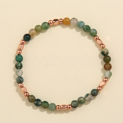 Natural Moss Agate & Brass Bead Stretch Bracelets for Women HH3302-2-1
