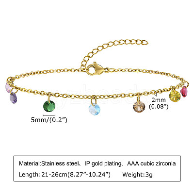 304 Stainless Steel Cable Chain with Flat Round Cubic Zirconia Charm Anklets WG525D3-01-1