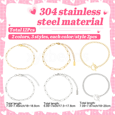 12Pcs 6 Styles 304 Stainless Steel Chains Bracelets for Men Women BJEW-SC0001-64-1