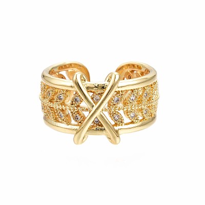 Golden Brass Initial X Cuff Ring RJEW-S045-128-NF-1