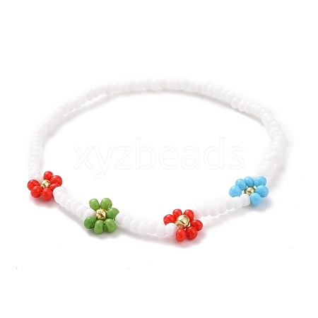 Handmade Daisy Flower Baking Paint & Dyed Glass Seed Beaded Stretch Bracelets BJEW-JB07668-01-1