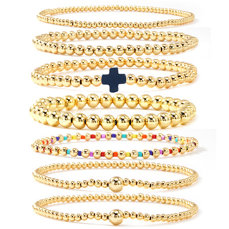 7Pcs Brass Round Beaded Bracelets for Women SB9067-8-1