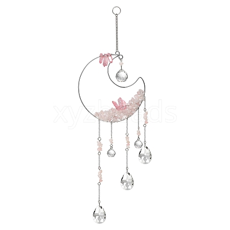 Natural Rose Quartz Chips Beaded Moon Hanging Ornaments PW-WGFD94D-09-1