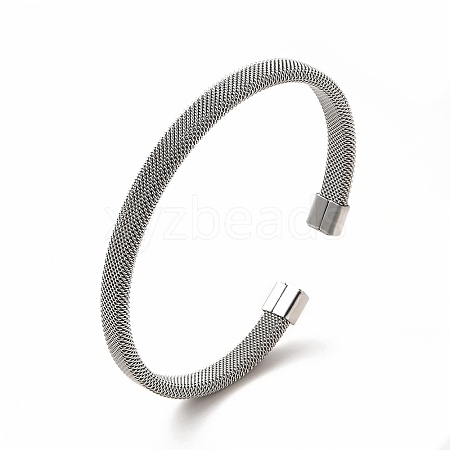 Non-Tarnish 304 Stainless Steel Flat Mesh Chain Shape Open Cuff Bangle for Women BJEW-C033-09P-1