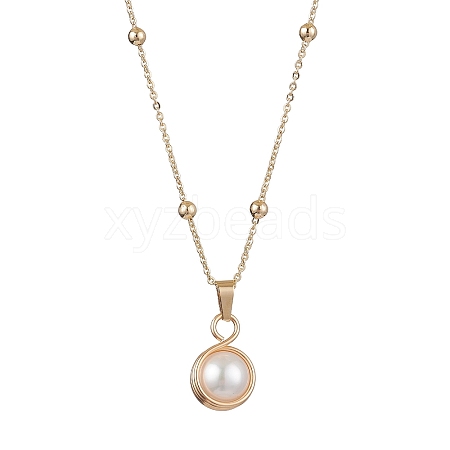 Round Natural Freshwater Pearl Copper Wire Wrapped Pendant Necklaces NJEW-JN04947-03-1