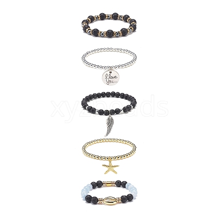 5Pcs 5 Style Natural Lava Rock & Natural Quartz & Synthetic Hematite Stretch Bracelets Set BJEW-JB08739-1