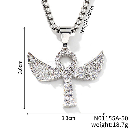 Elegant Brass Crystal Rhinestone Winged Cross Pendant Box Chain Necklaces OK2831-1-1