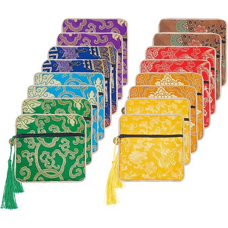 HOBBIESAY 16Pcs 8 Colors Chinese Brocade Tassel Zipper Jewelry Bag Gift Pouch ABAG-HY0001-02-1