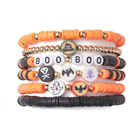 6Pcs 6 Styles Halloween Handmade Polymer Clay Beaded Stretch Bracelets Sets BJEW-TA00490-1