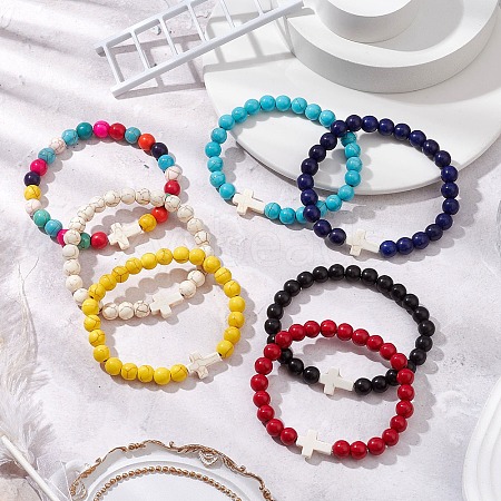 Synthetic Turquoise Beads Stretch Bracelets for Women Men BJEW-JB11466-1