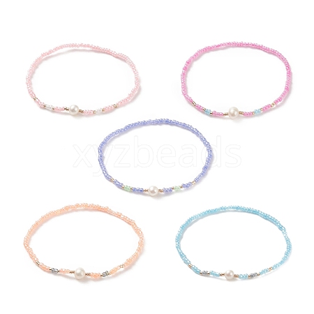 Natural Pearl & Glass Seed Beaded Stretch Bracelet for Women BJEW-JB09031-1