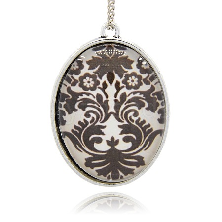 Antique Silver Plated Alloy Glass Oval Pendants GLAA-N0007-06-1