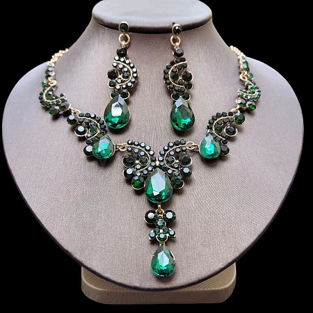Teardrop Alloy Acrylic Rhinestone Pendant Necklaces & Stud Earrings Sets FS-WG537BF-10-1