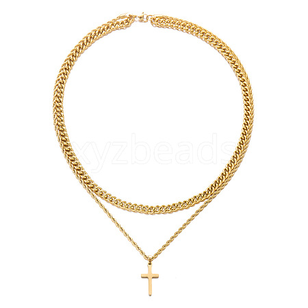 Stainless Steel Hollow Out Cross Pendant Double Layer Necklace with Cable Chains for Men Women PW-WG88E37-04-1