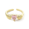 Pink Cubic Zirconia Heart with Wing Open Cuff Ring RJEW-I091-17G-2