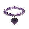 Natural Amethyst Round Beaded Stretch Bracelet with Heart Charm BJEW-JB09019-02-1