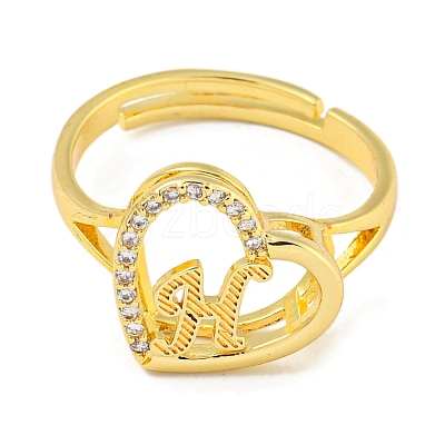 Heart with Letter Rack Plating Brass Micro Pave Cubic Zirconia Adjustable Rings for Women RJEW-I105-06G-H-1