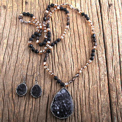 Teardrop Bohemian Style Glass with Natural Lava Rock Pendant Necklace & Dangle Earrings Sets FS-WG0DE9F-03-1