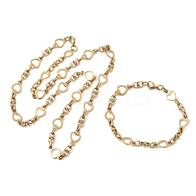 304 Stainless Steel Heart Link Chain Bracelet & Necklace Jewelry Sets SJEW-L199-08G-1