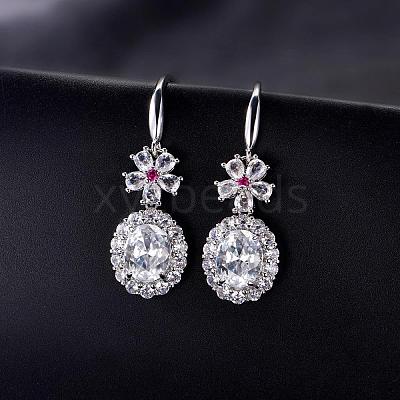 Brass Micro Pave Cubic Zirconia Flower with Oval Dangle Earrings for Women GA8760-3-1