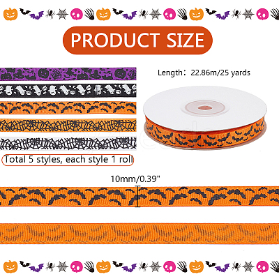 5 Rolls 5 Styles Halloween Theme Polyester Printed Grosgrain Ribbon OCOR-PH0004-42-1