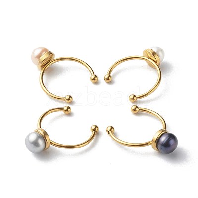 Shell Pearl Round Beads Cuff Rings RJEW-JR00375-1
