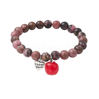 Teachers' Day Thank You 8mm Round Natural Rhodonite Stretch Bracelets BJEW-JB10432-01-1