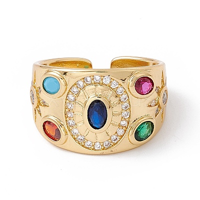 Colorful Cubic Zirconia Oval with Sun Open Cuff Ring RJEW-B043-15-1