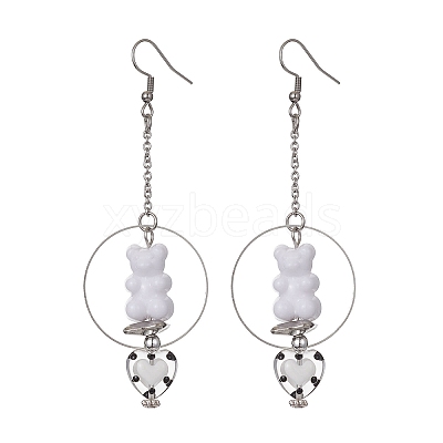 Acrylic Bear & Lampwork Heart Dangle Earrings EJEW-JE05416-02-1