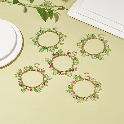 5Pcs 5 Color Glass Pearl & Trumpet Flower & Acrylic Leaf Charm Bracelets Set BJEW-JB08909-1