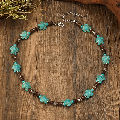 Sea Turtle Dyed Synthetic Turquoise & Coconut Heishi Beaded Necklaces for Men FS-WG4C8C3-01-1