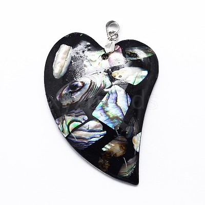 Brass Paua Shell Heart Big Pendants SSHEL-F0006-53-1