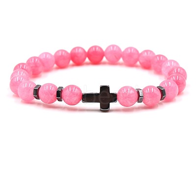 8MM Round Natural Rose Quartz Beaded Stretch Bracelets with Synthetic Non-magnetic Hematite Cross FA1012-6-1