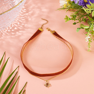 Alloy Resin Sun Pendant Single Face Dark Red Velvet Ribbon & Brass Chain Double Layered Choker Necklaces NJEW-TAC0039-1