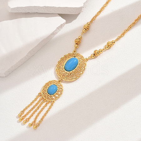 Fashionable Vintage Brass & Resin Imitation Gemstone Tassel Oval Pendant Necklaces for Women FQ7725-4-1